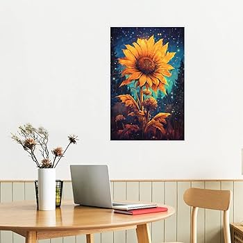 Amazon.co.jp: 絵画 夜のひまわりインテリア 絵画 油絵イラスト